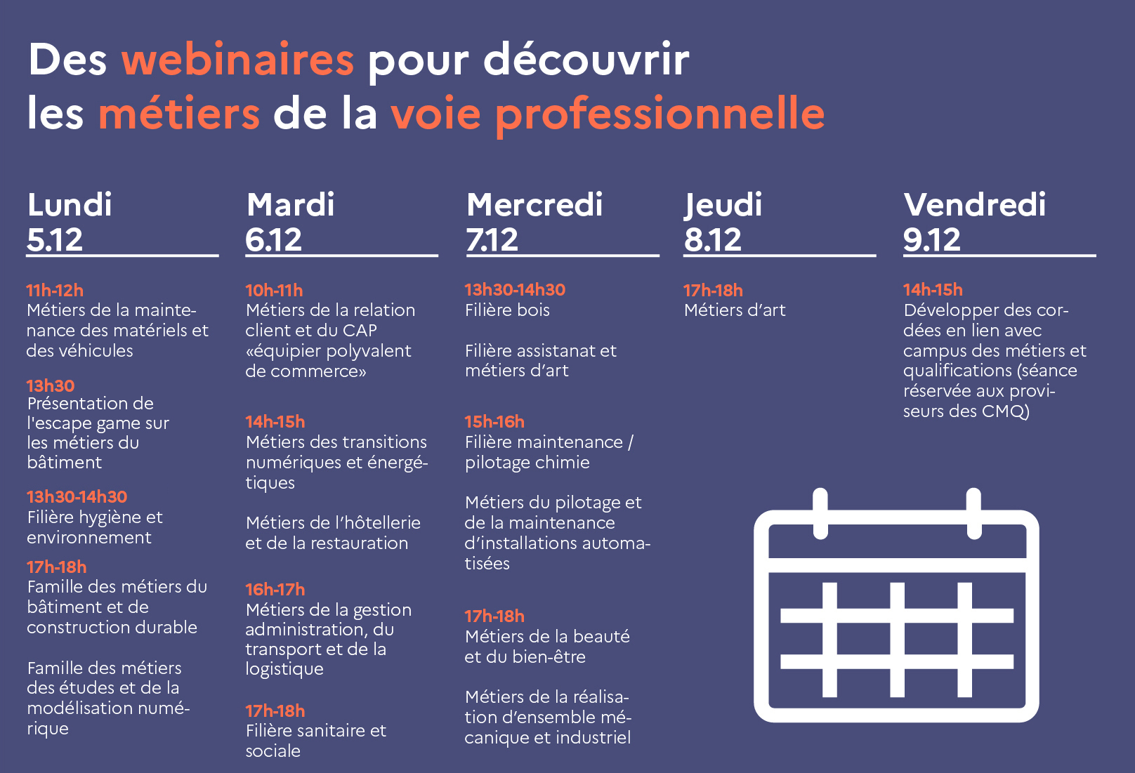 Calendrier des webinaires, à retrouver également plus bas