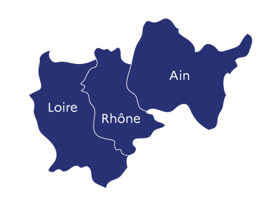 Carte représentant les départements de l'Ain, du Rhône et de la Loire. Actionnez un clic sur la carte pour être redirigé vers le portail des démarches simplifiées