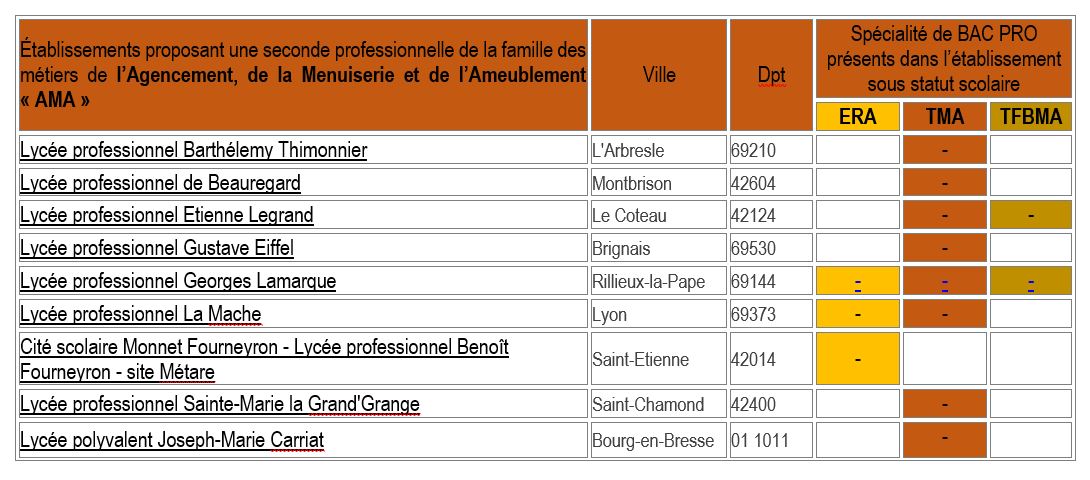 Lycée professionnel Barthélemy Thimonnier Lycée professionnel de Beauregard Lycée professionnel Etienne Legrand Lycée professionnel Gustave Eiffel Lycée professionnel Georges Lamarque Lycée professionnel La Mache Cité scolaire Monnet Fourneyron - Lycée professionnel Benoît Fourneyron - site Métare Lycée professionnel Sainte-Marie la Grand'Grange Lycée polyvalent Joseph-Marie Carriat