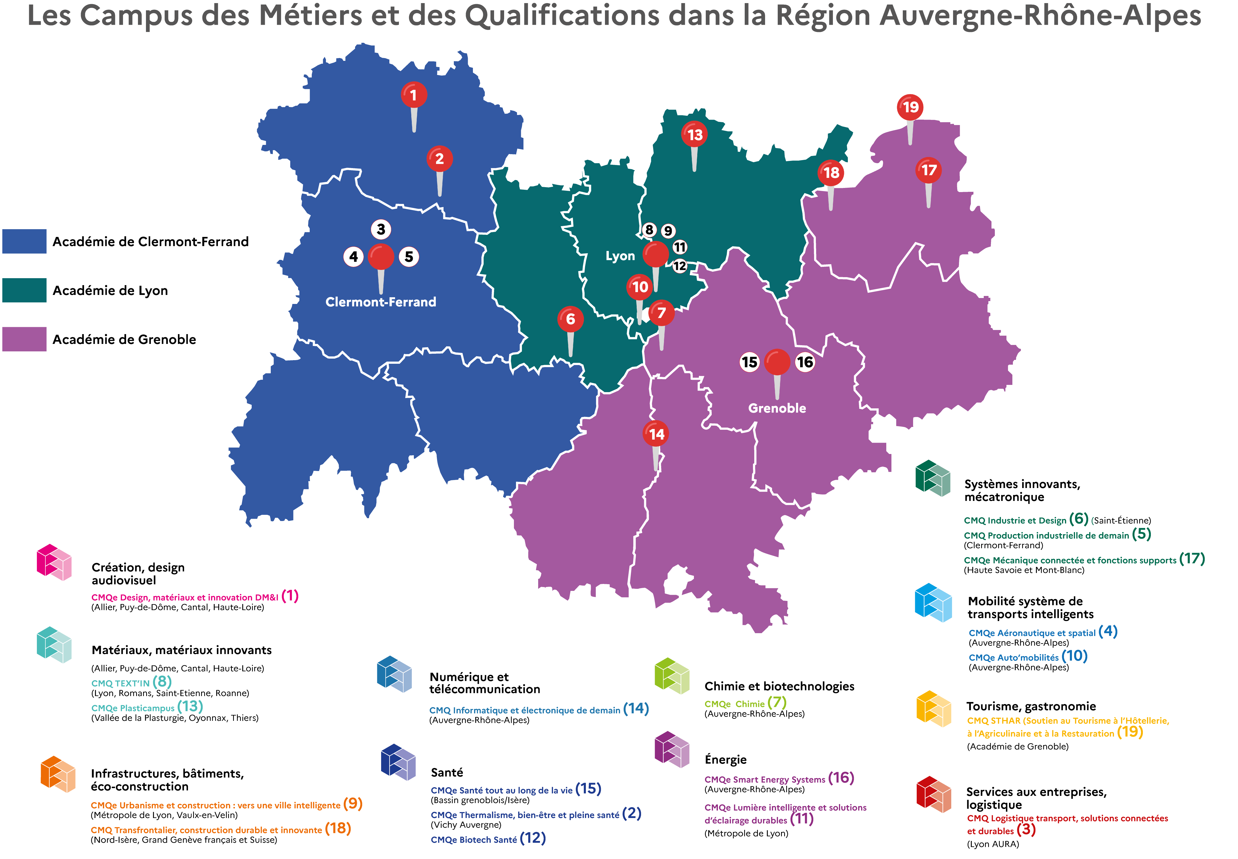 Carte des Campus des métiers et des qualifications de la région académique Auvergne-Rhône-Alpes
