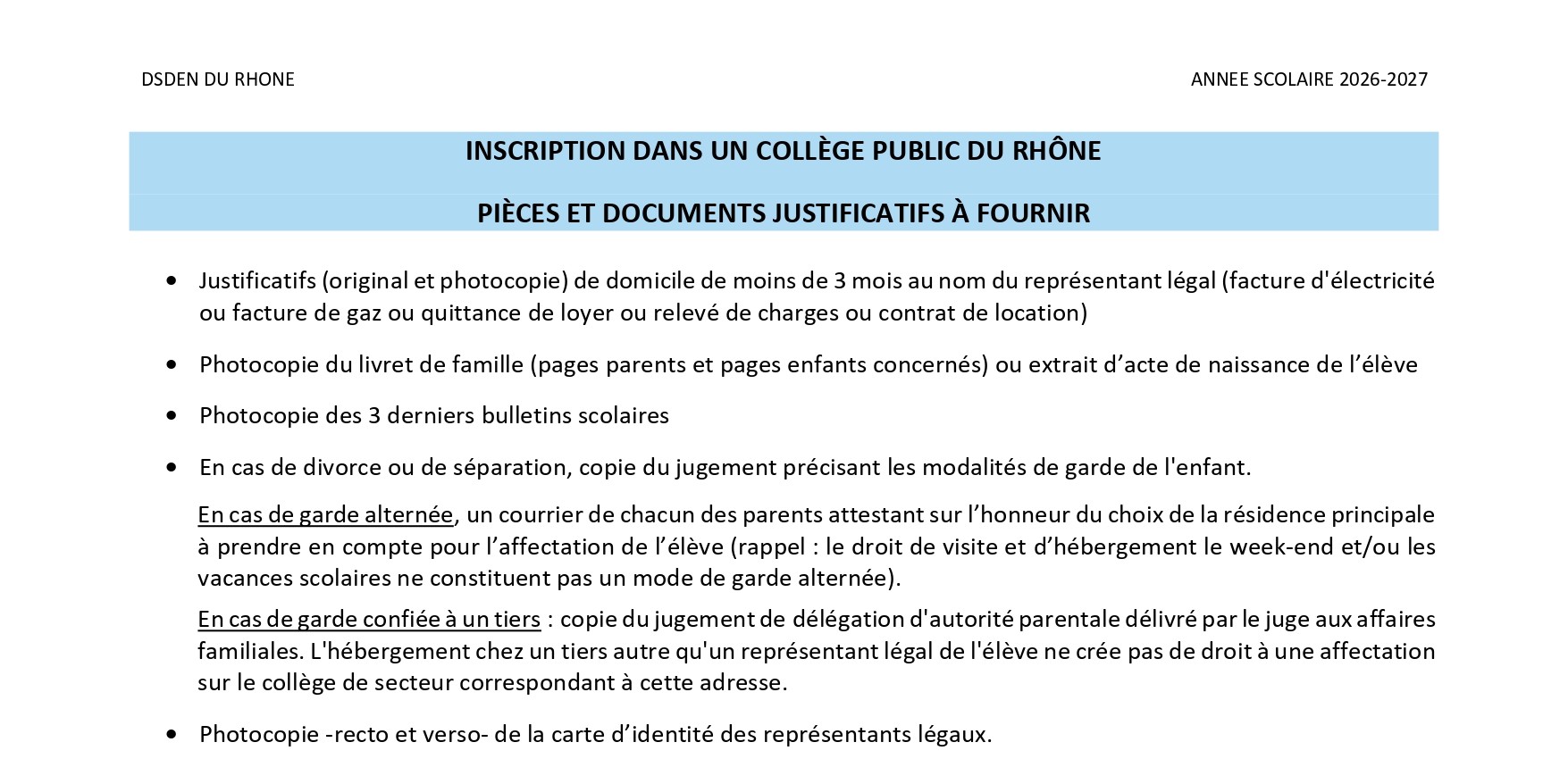"Liste des pièces justificatives pour l'inscription dans un collège public du Rhône (2026-2027)