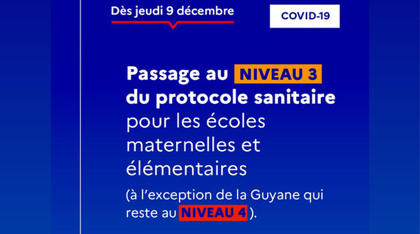 Dès jeudi 9/12 : Passage au niveau 3 du protocole sanitaire : pour les écoles maternelles et élémentaires (à l'exception de la Guyane qui reste au niveau 4).